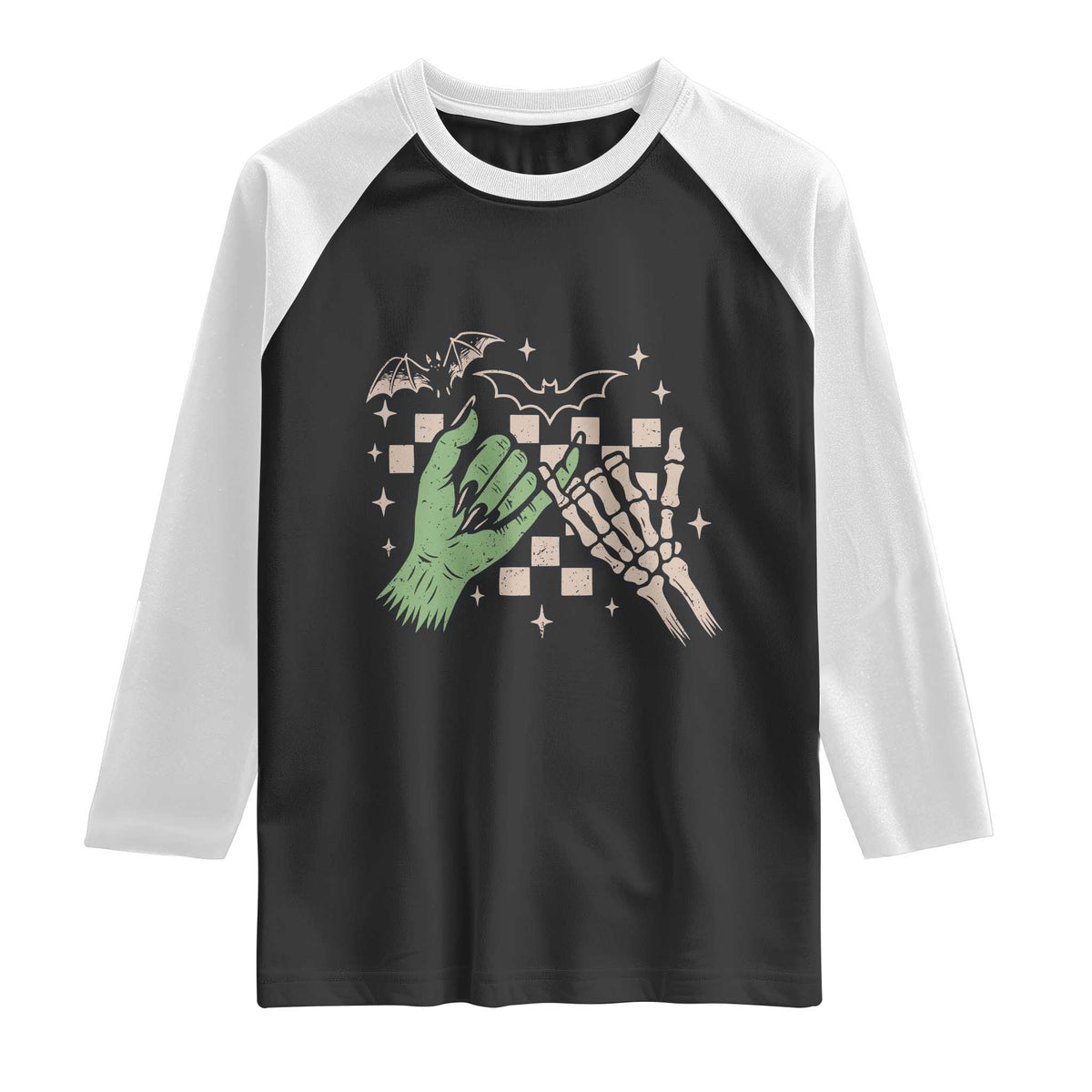 Witch Hand and Skeleton Pinky Promise Graphic Raglan Shirt Retro Spooky Halloween Gift