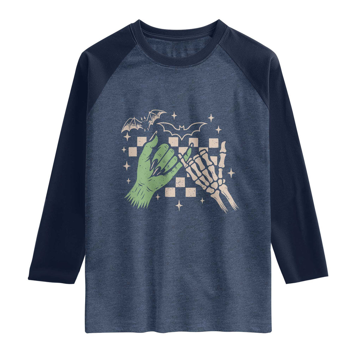 Witch Hand and Skeleton Pinky Promise Graphic Raglan Shirt Retro Spooky Halloween Gift
