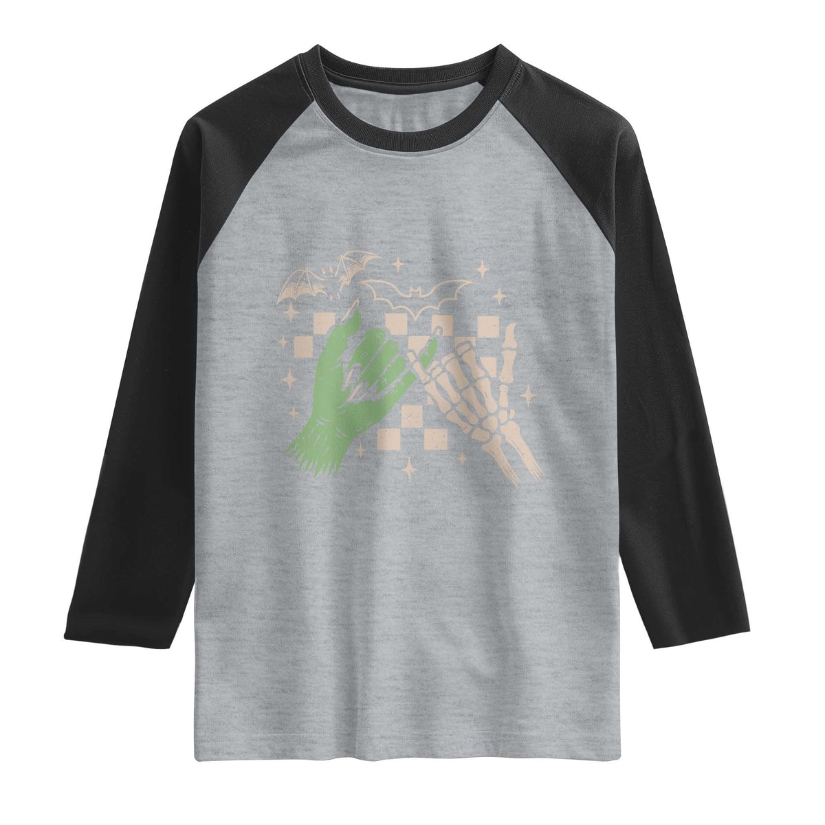Witch Hand and Skeleton Pinky Promise Graphic Raglan Shirt Retro Spooky Halloween Gift