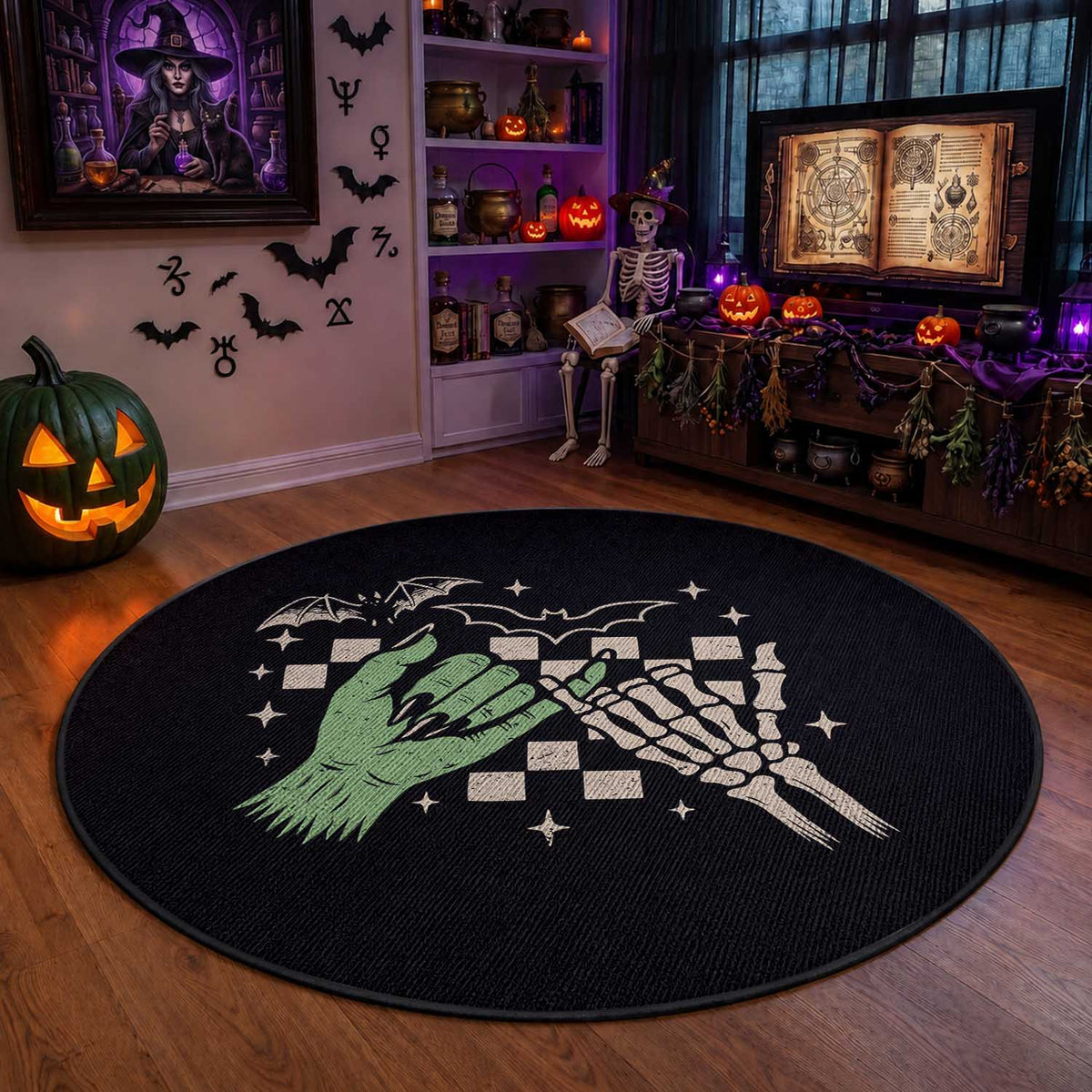 Witch Hand and Skeleton Pinky Promise Graphic Round Rug Retro Spooky Halloween Gift