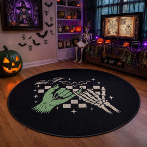 Witch Hand and Skeleton Pinky Promise Graphic Round Rug Retro Spooky Halloween Gift