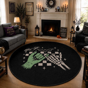 Witch Hand and Skeleton Pinky Promise Graphic Round Rug Retro Spooky Halloween Gift