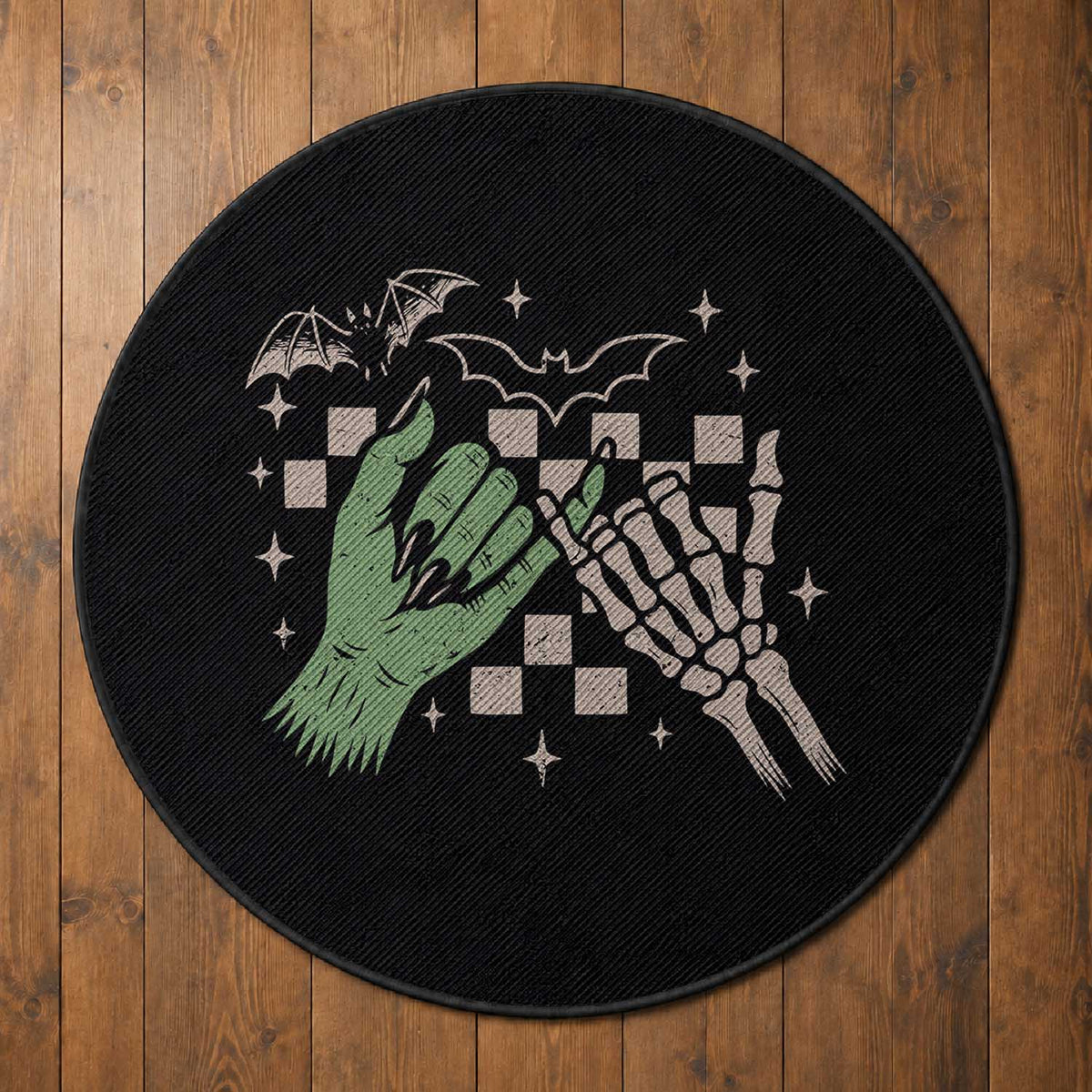 Witch Hand and Skeleton Pinky Promise Graphic Round Rug Retro Spooky Halloween Gift
