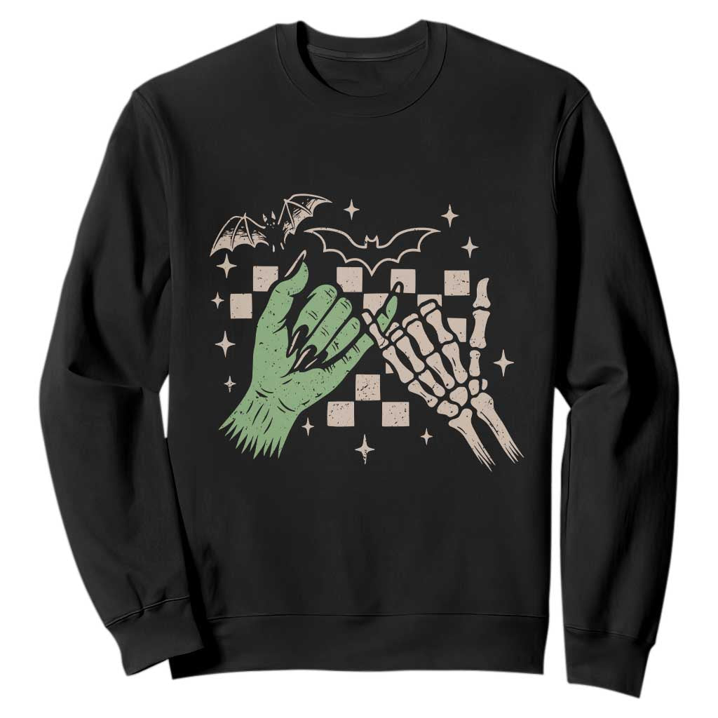 Witch Hand and Skeleton Pinky Promise Graphic Sweatshirt Retro Spooky Halloween Gift