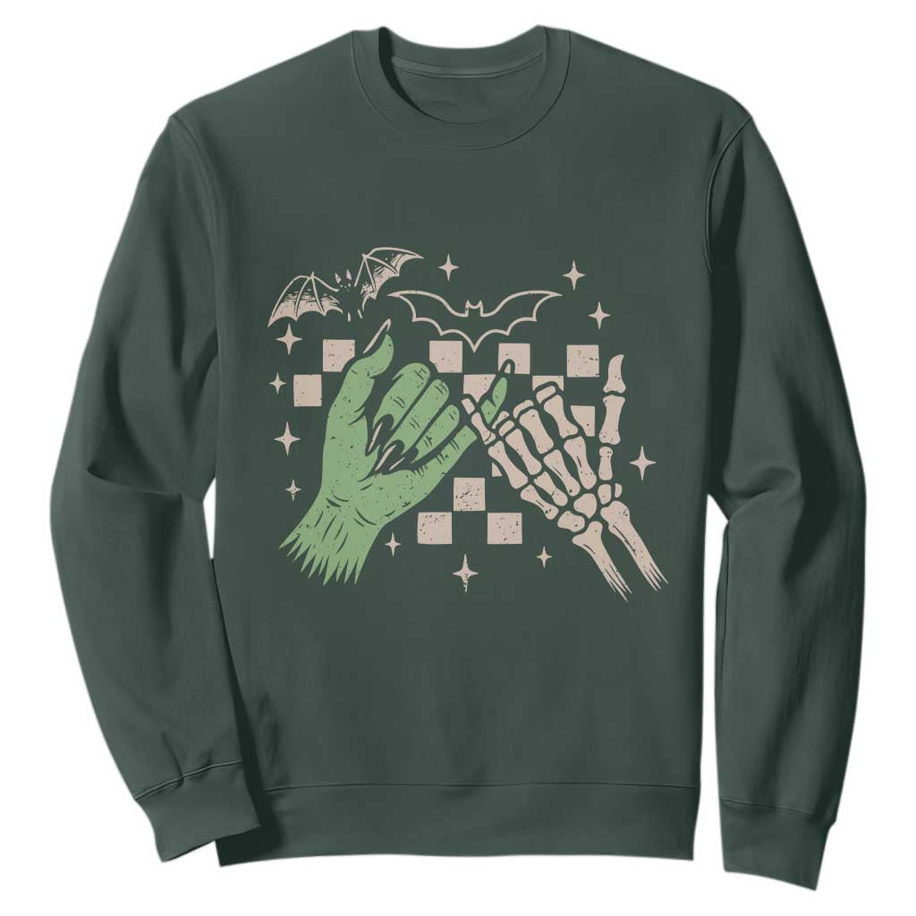 Witch Hand and Skeleton Pinky Promise Graphic Sweatshirt Retro Spooky Halloween Gift