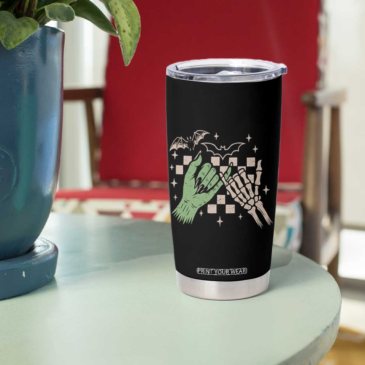 Witch Hand and Skeleton Pinky Promise Graphic Tumbler Cup Retro Spooky Halloween Gift