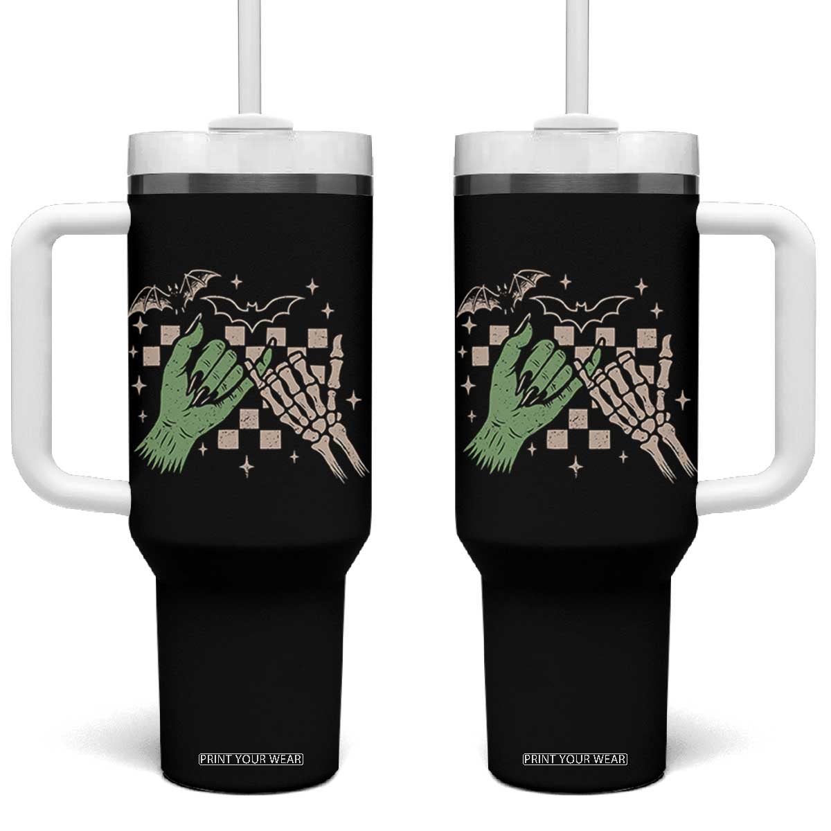 Witch Hand and Skeleton Pinky Promise Graphic Tumbler With Handle Retro Spooky Halloween Gift