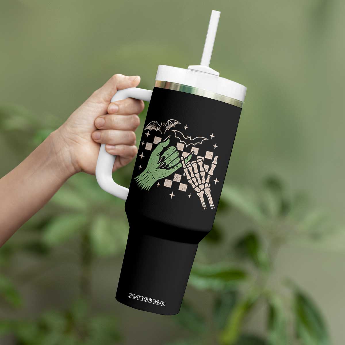 Witch Hand and Skeleton Pinky Promise Graphic Tumbler With Handle Retro Spooky Halloween Gift