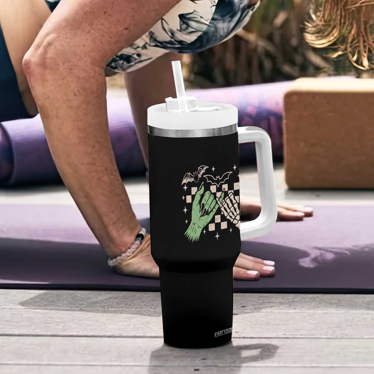 Witch Hand and Skeleton Pinky Promise Graphic Tumbler With Handle Retro Spooky Halloween Gift