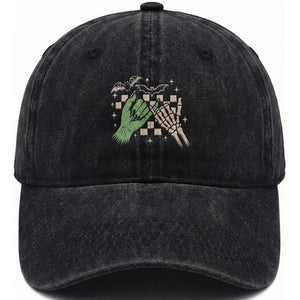 Witch Hand and Skeleton Pinky Promise Graphic Washed Cotton Baseball Cap Retro Spooky Halloween Gift