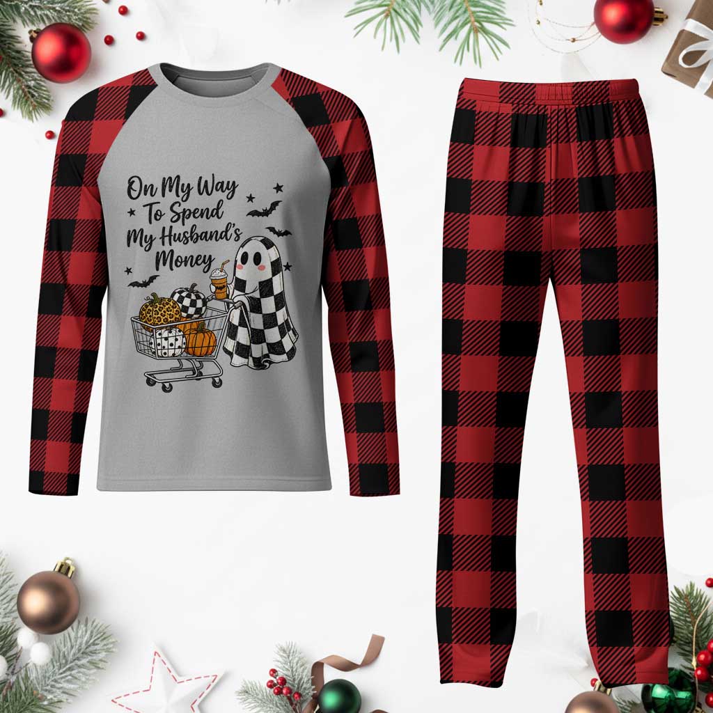 On My Way To Spend My Husbands Money Boo Sheet Graphic Plaid Pajama Set Funny Halloween Ghost Gift