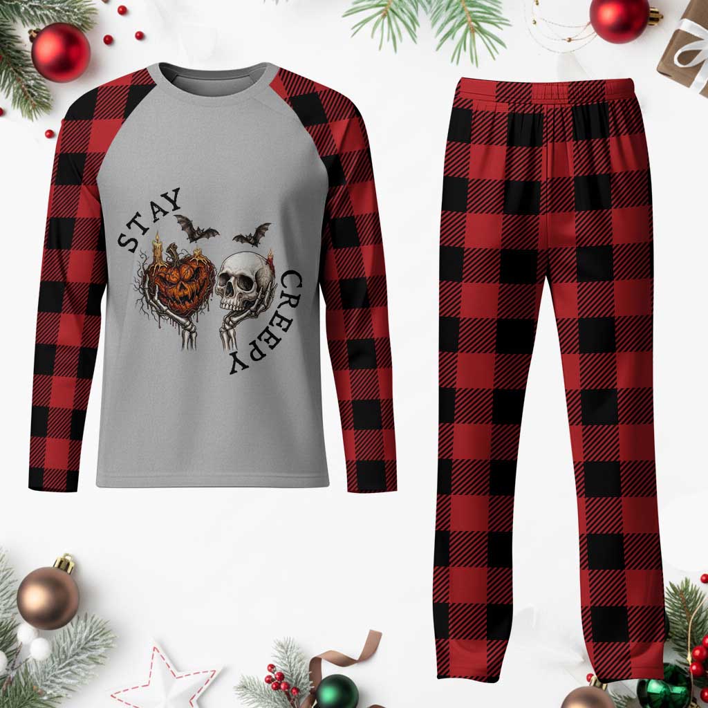 Stay Creepy Vintage Pumpkin Skull Skeleton Hands Graphic Plaid Pajama Set Gothic Vintage Spooky Halloween