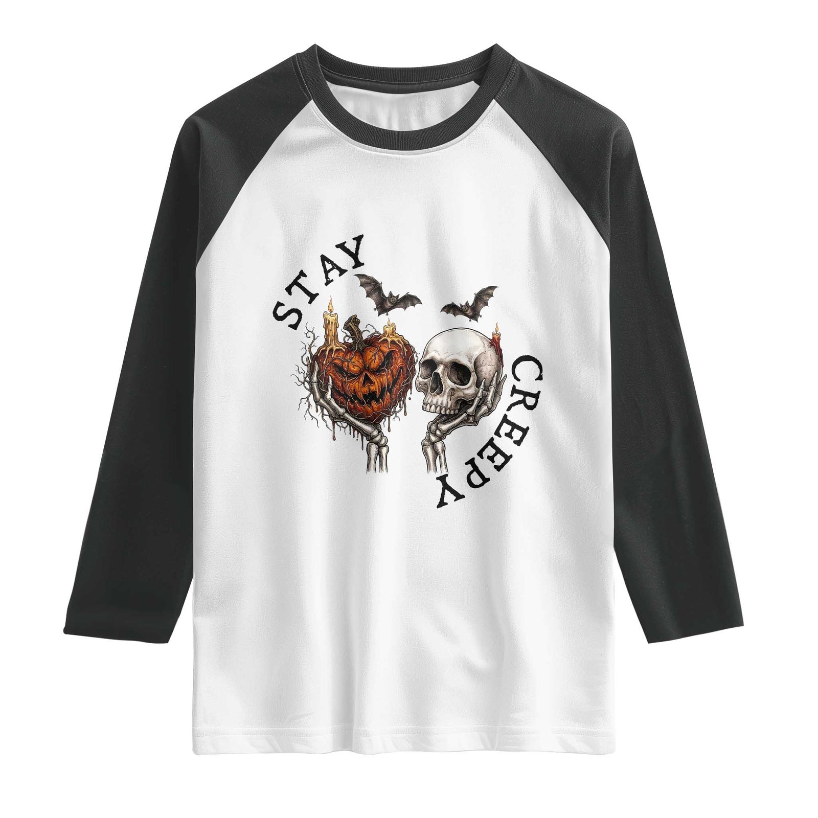 Stay Creepy Vintage Pumpkin Skull Skeleton Hands Graphic Raglan Shirt Gothic Vintage Spooky Halloween