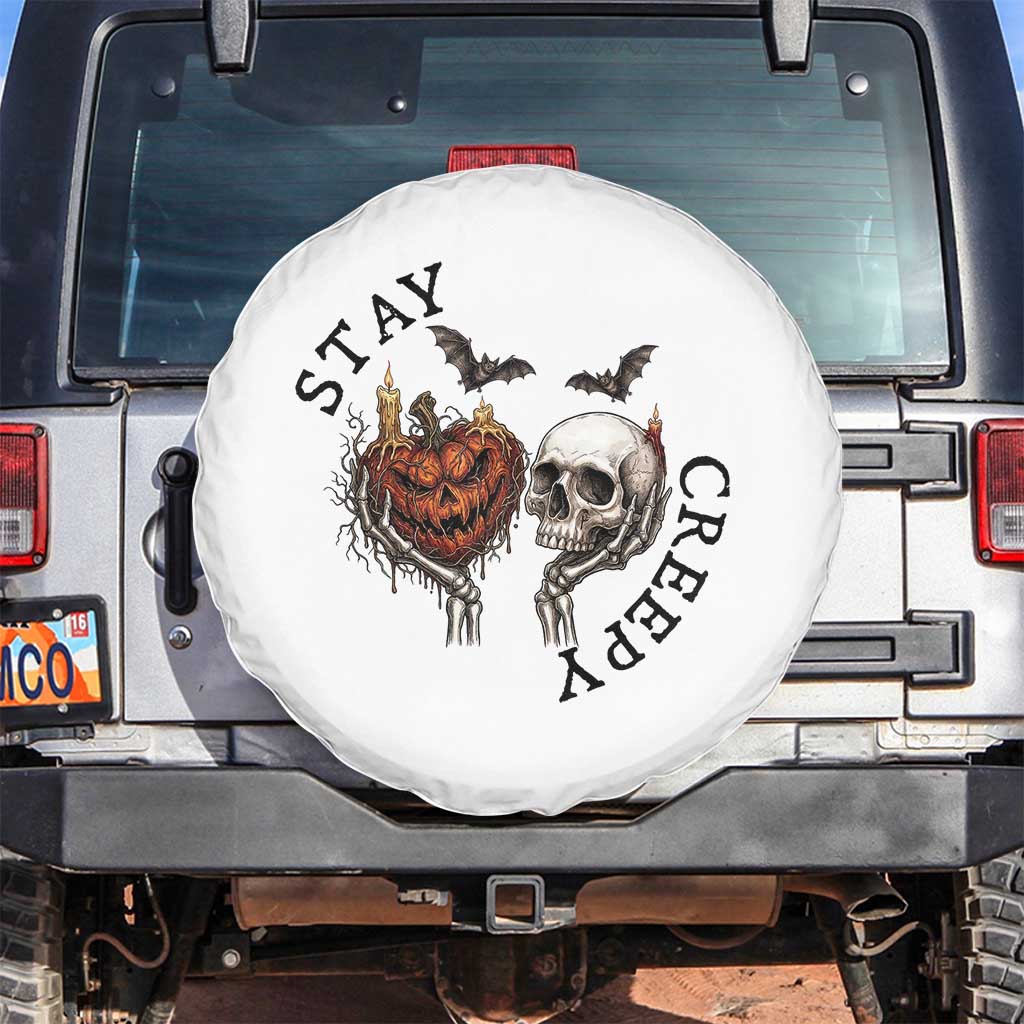 Stay Creepy Vintage Pumpkin Skull Skeleton Hands Graphic Spare Tire Cover Gothic Vintage Spooky Halloween