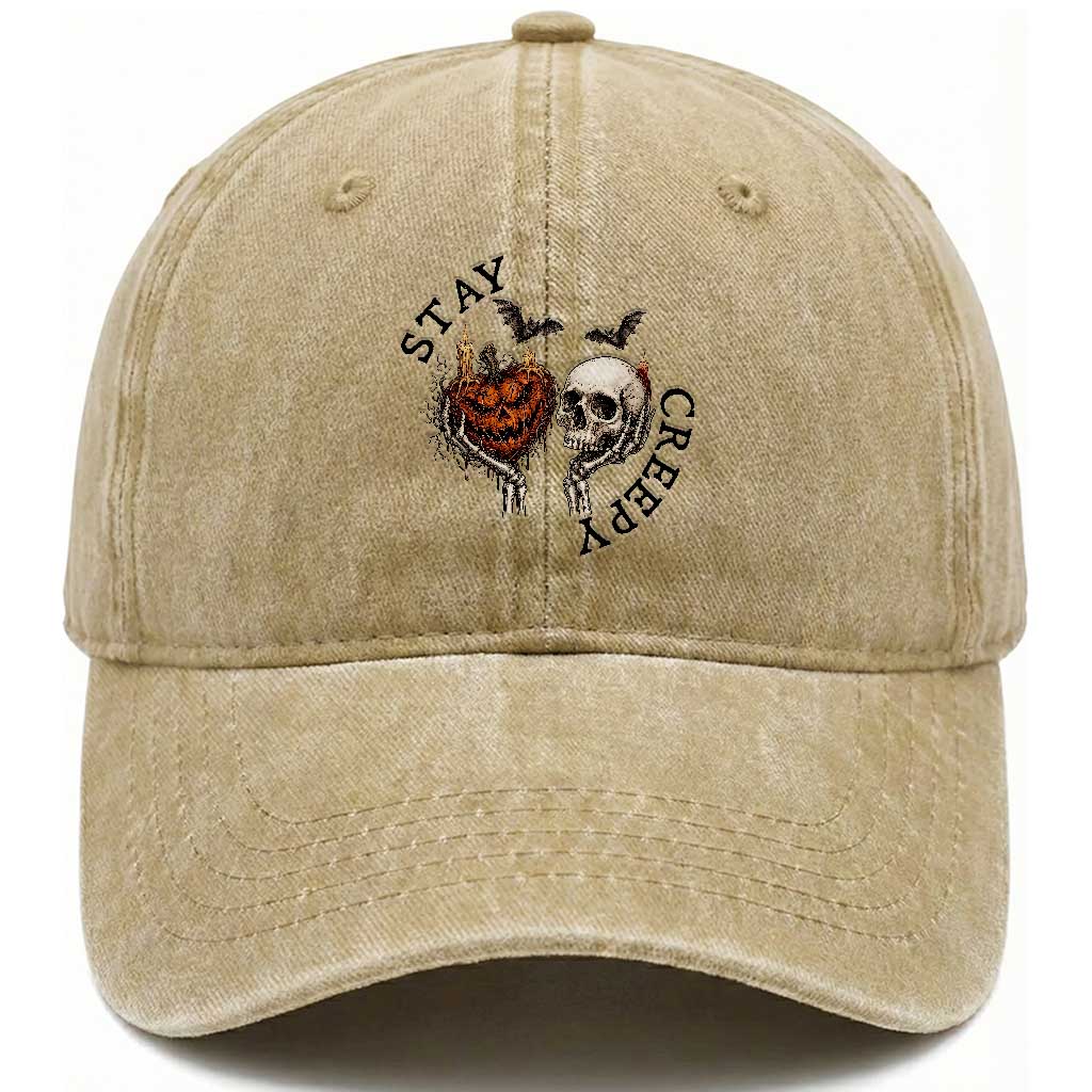 Stay Creepy Vintage Pumpkin Skull Skeleton Hands Graphic Washed Cotton Baseball Cap Gothic Vintage Spooky Halloween