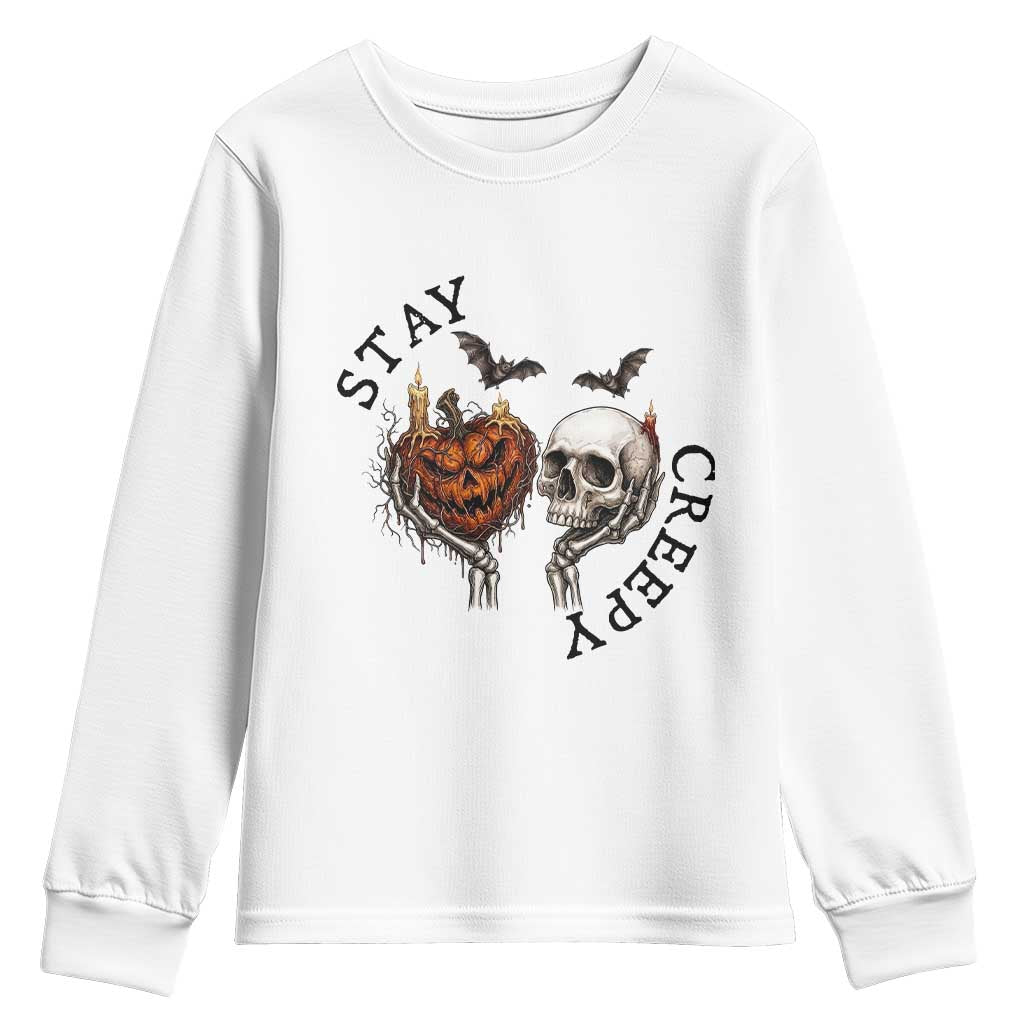 Stay Creepy Vintage Pumpkin Skull Skeleton Hands Graphic Youth Sweatshirt Gothic Vintage Spooky Halloween
