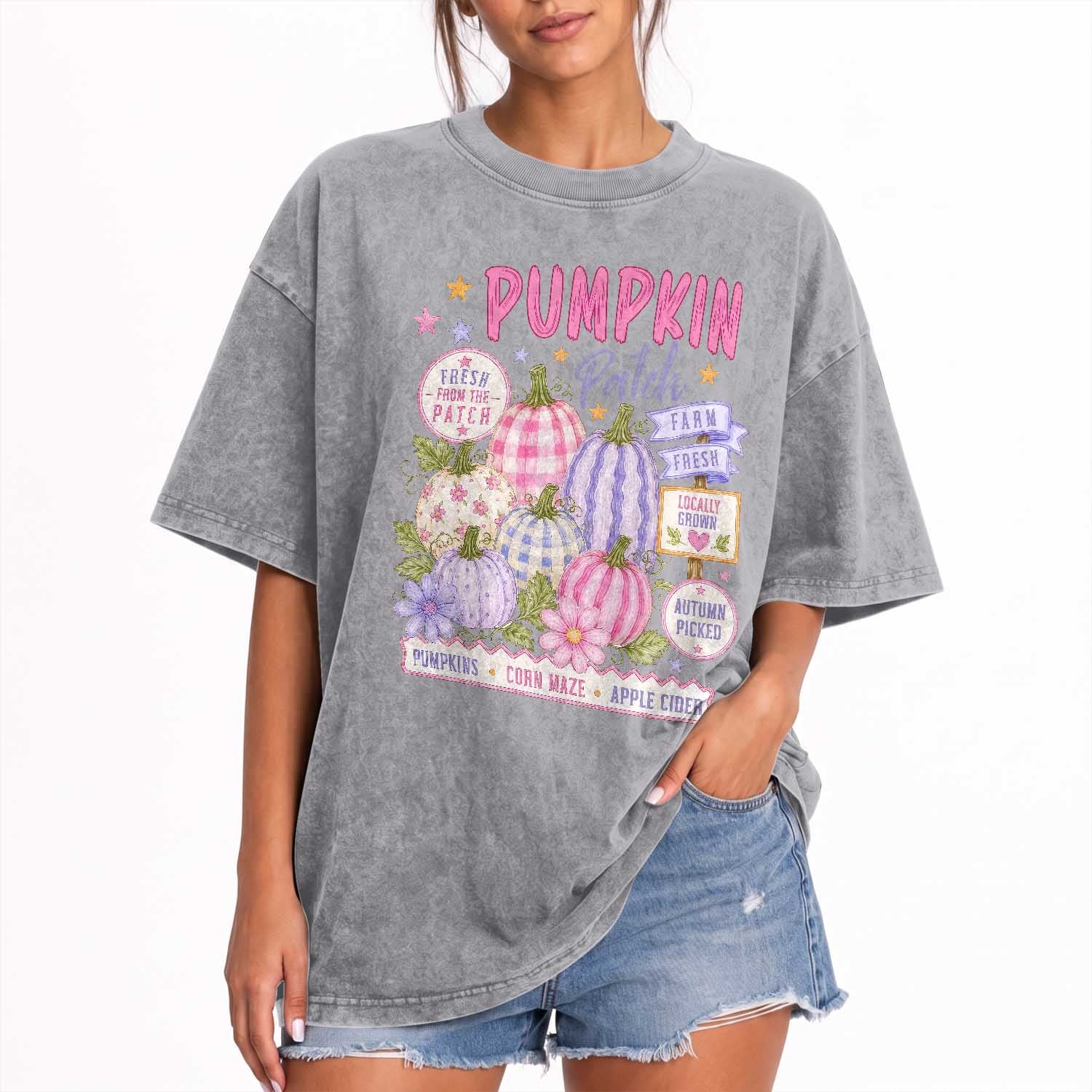 Coquette Cottagecore Pumpkin Patch Farm Fresh Washed Cotton T-Shirt Pastel Autumn Gingham Fall Farmers Market