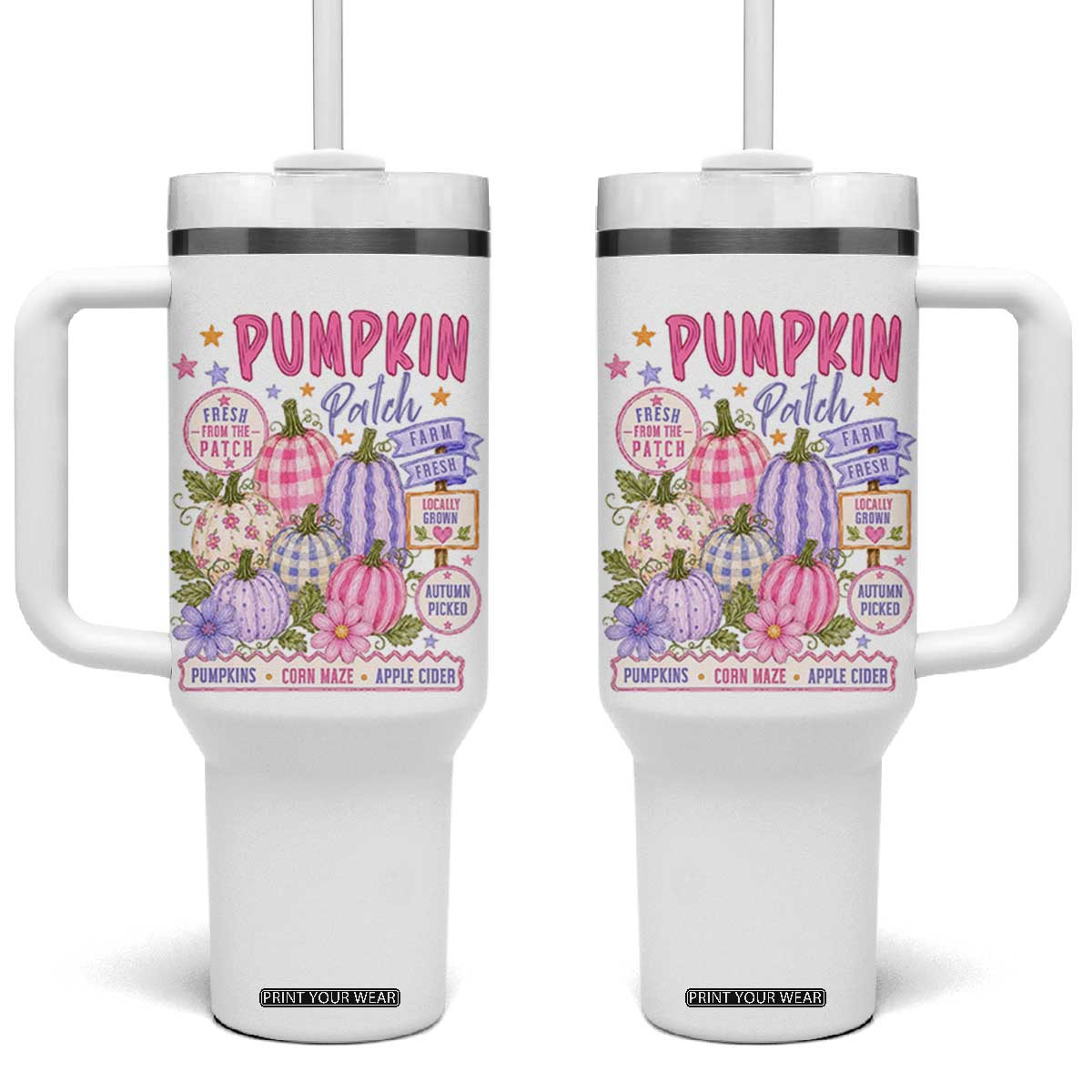 Coquette Cottagecore Pumpkin Patch Farm Fresh Tumbler With Handle Pastel Autumn Gingham Fall Farmers Market