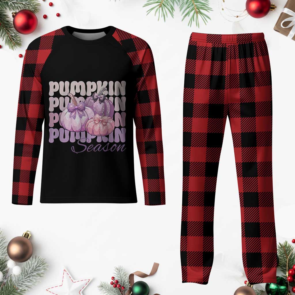 Cute Pumpkins Season with Bows Coquette Autumn Vibes Plaid Pajama Set