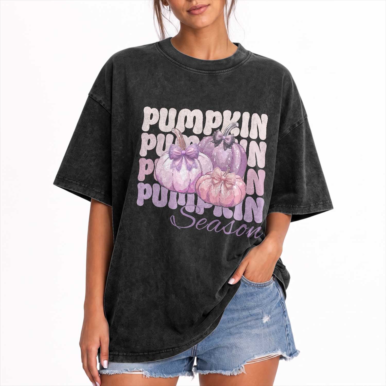 Cute Pumpkins Season with Bows Coquette Autumn Vibes Washed Cotton T-Shirt