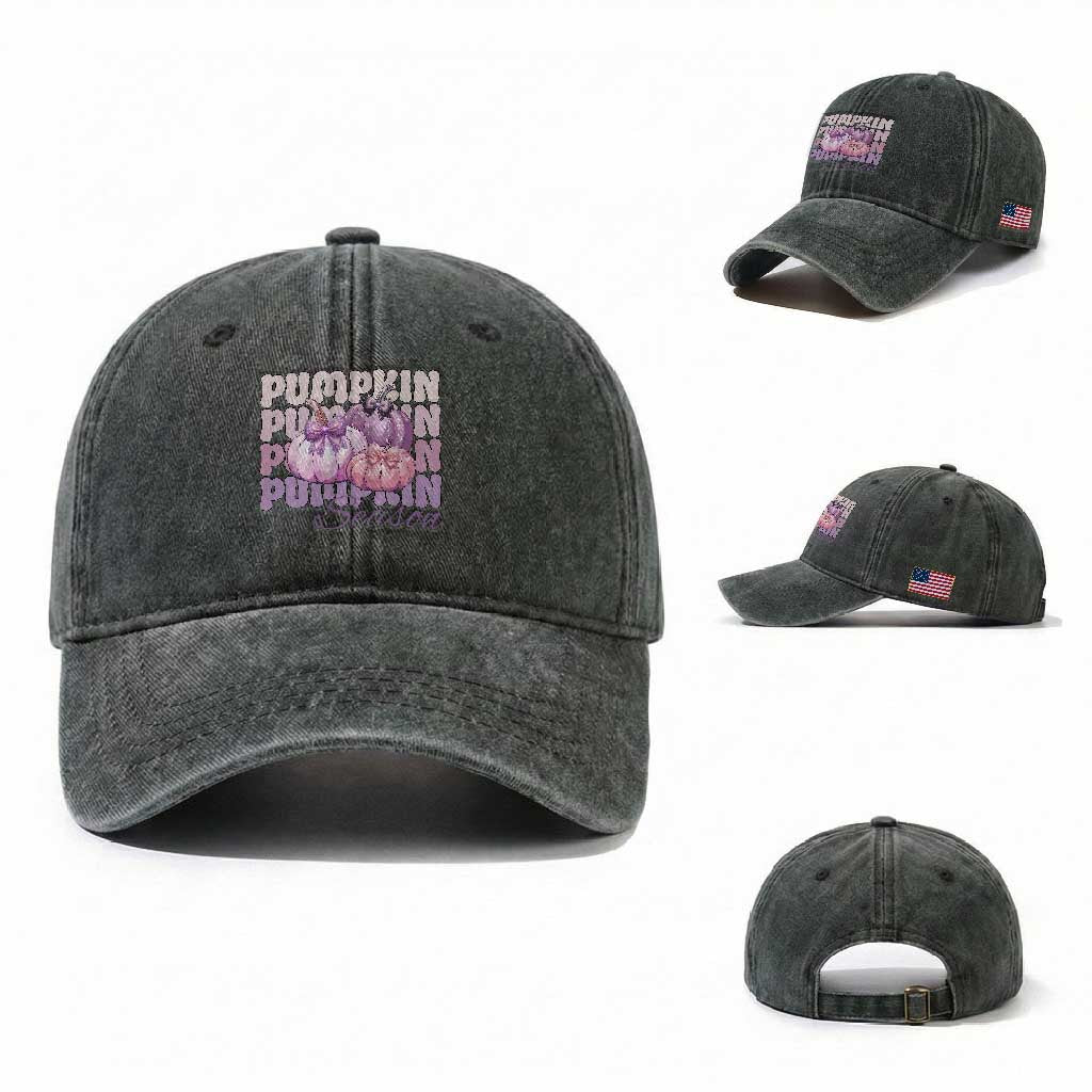 Cute Pumpkins Season with Bows Coquette Autumn Vibes Washed Cotton Baseball Cap