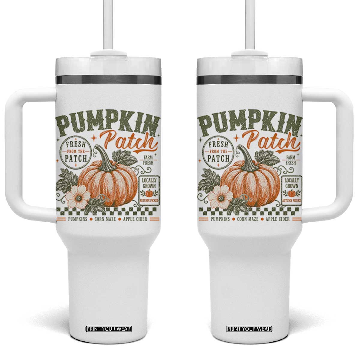 Vintage Pumpkin Patch Farm Fresh Tumbler With Handle Rustic Farmhouse Locally Grown Autumn Fall Gift