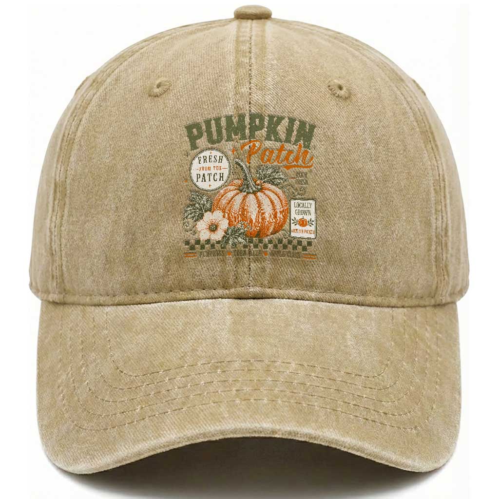 Vintage Pumpkin Patch Farm Fresh Washed Cotton Baseball Cap Rustic Farmhouse Locally Grown Autumn Fall Gift
