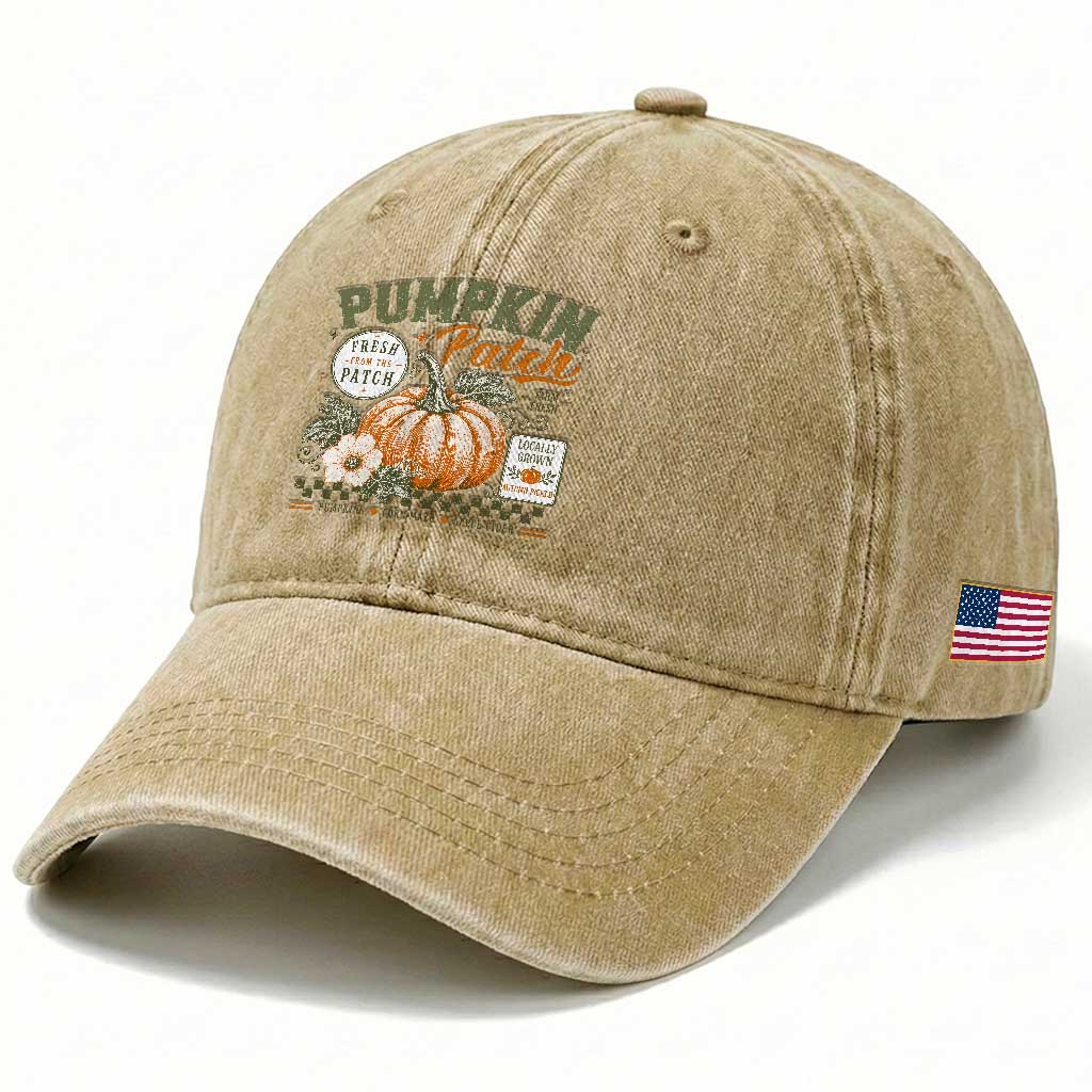 Vintage Pumpkin Patch Farm Fresh Washed Cotton Baseball Cap Rustic Farmhouse Locally Grown Autumn Fall Gift