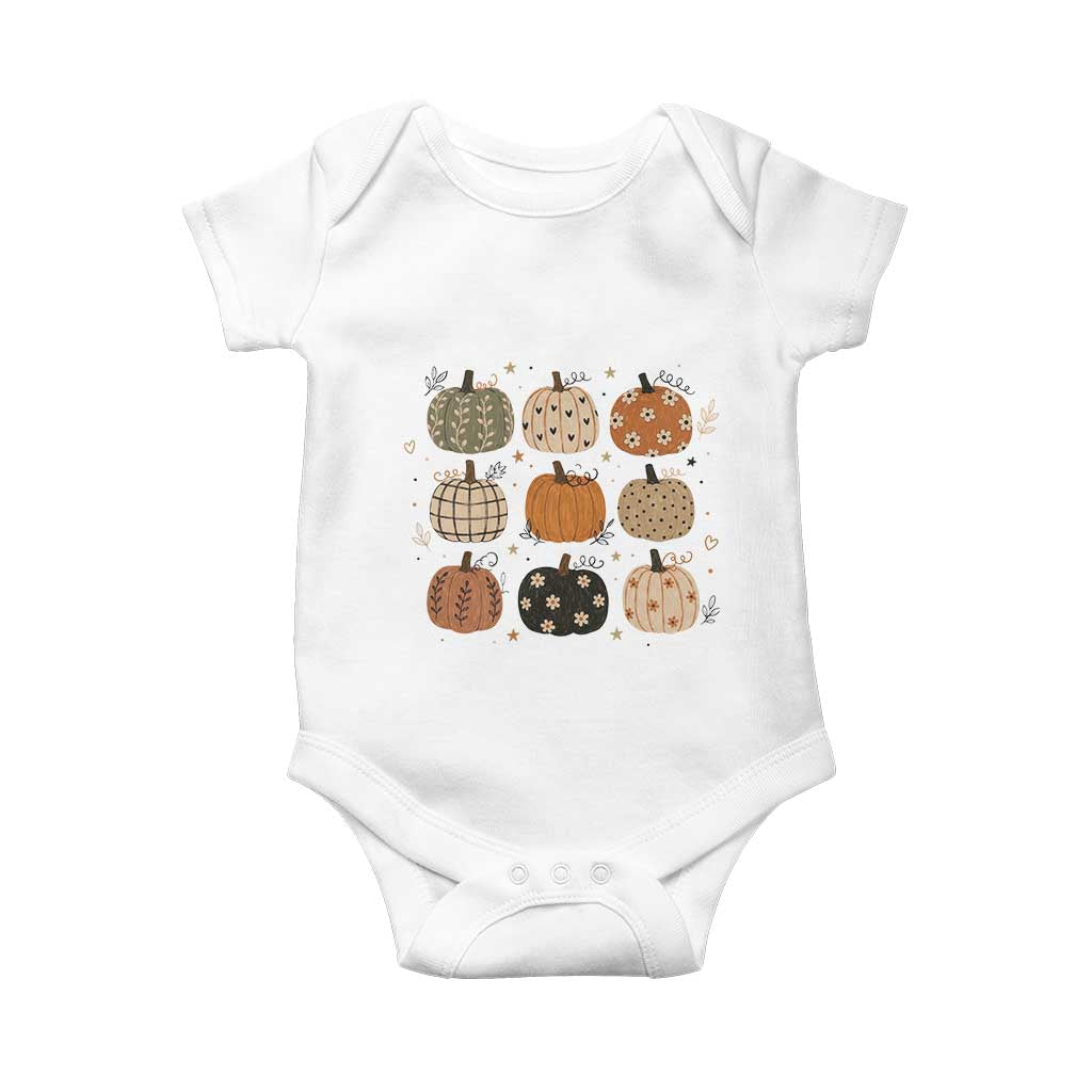 Aesthetic Boho Earthy Pumpkins Grid Baby Onesie Cute Fall Season Autumn Thanksgiving