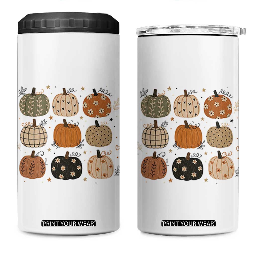 Aesthetic Boho Earthy Pumpkins Grid 4 in 1 Can Cooler Tumbler Cute Fall Season Autumn Thanksgiving