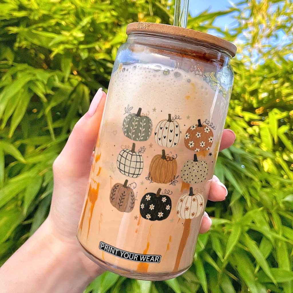 Aesthetic Boho Earthy Pumpkins Grid Glass Can Cute Fall Season Autumn Thanksgiving