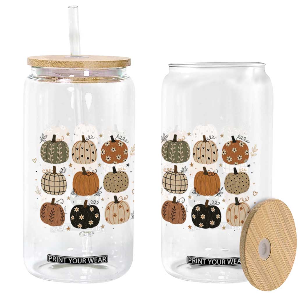Aesthetic Boho Earthy Pumpkins Grid Glass Can Cute Fall Season Autumn Thanksgiving