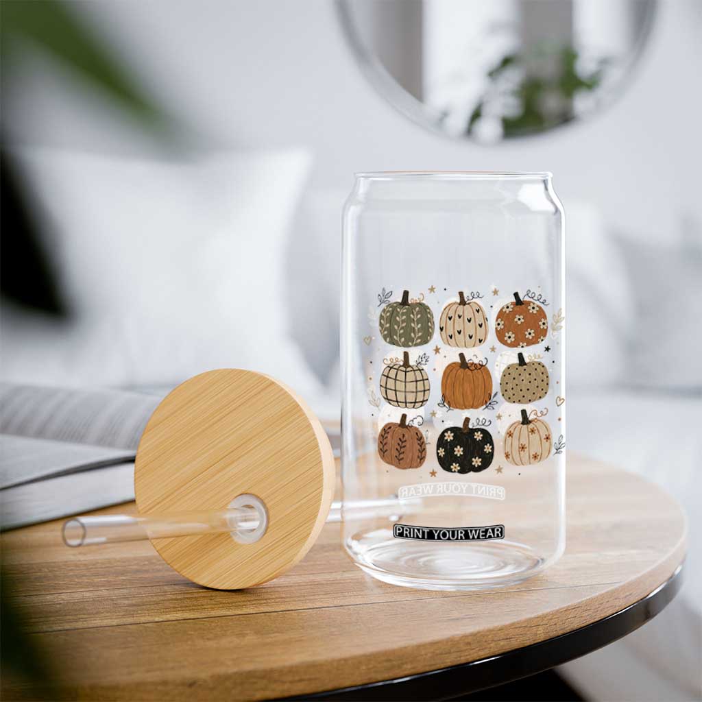 Aesthetic Boho Earthy Pumpkins Grid Glass Can Cute Fall Season Autumn Thanksgiving