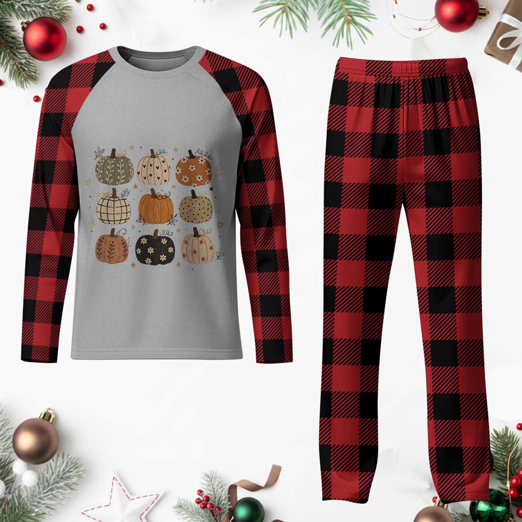 Aesthetic Boho Earthy Pumpkins Grid Plaid Pajama Set Cute Fall Season Autumn Thanksgiving