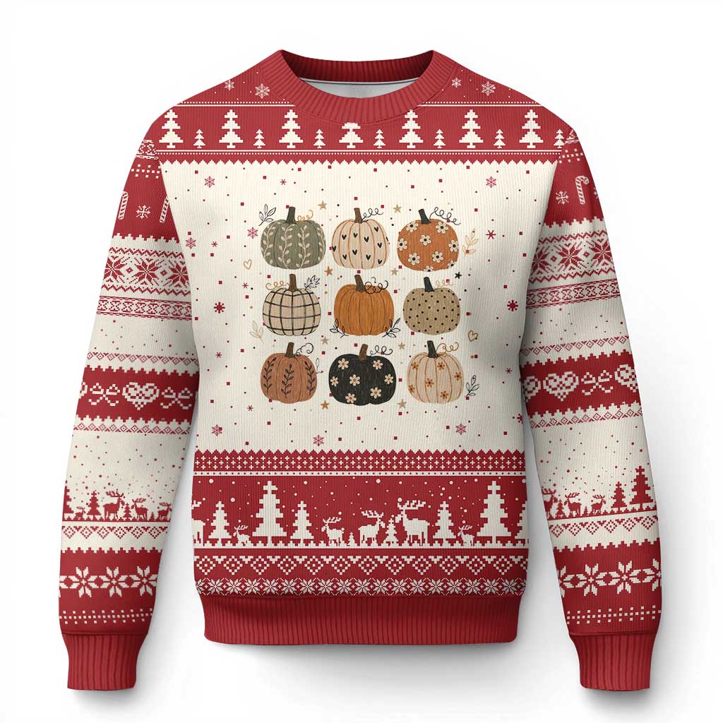 Aesthetic Boho Earthy Pumpkins Grid Ugly Christmas Sweater Cute Fall Season Autumn Thanksgiving