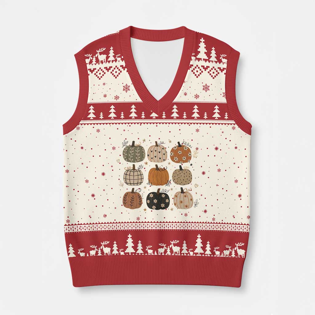 Aesthetic Boho Earthy Pumpkins Grid V-Neck Knit Sweater Vest Cute Fall Season Autumn Thanksgiving
