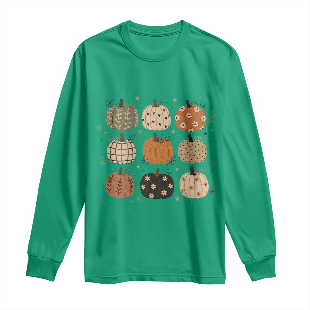 Aesthetic Boho Earthy Pumpkins Grid Long Sleeve Shirt Cute Fall Season Autumn Thanksgiving