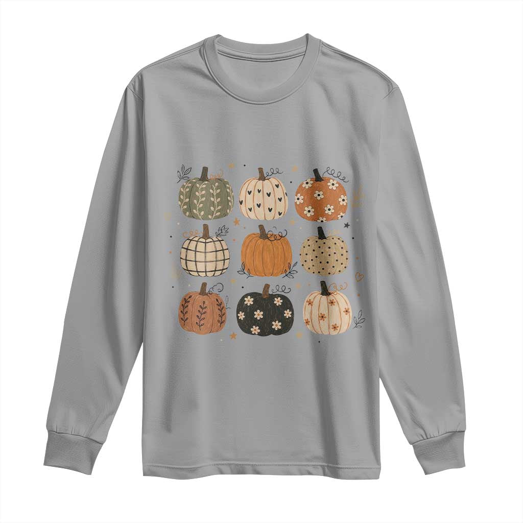 Aesthetic Boho Earthy Pumpkins Grid Long Sleeve Shirt Cute Fall Season Autumn Thanksgiving