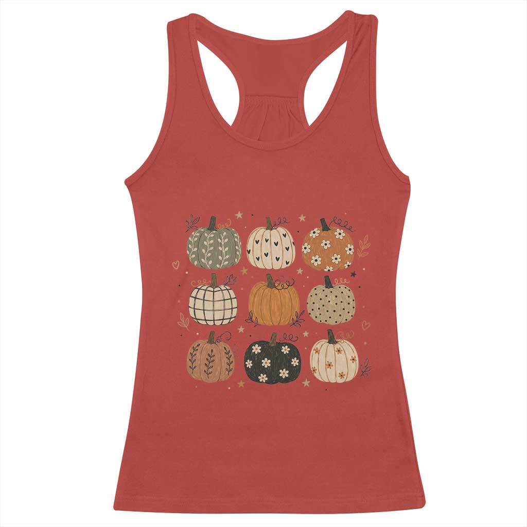 Aesthetic Boho Earthy Pumpkins Grid Racerback Tank Top Cute Fall Season Autumn Thanksgiving