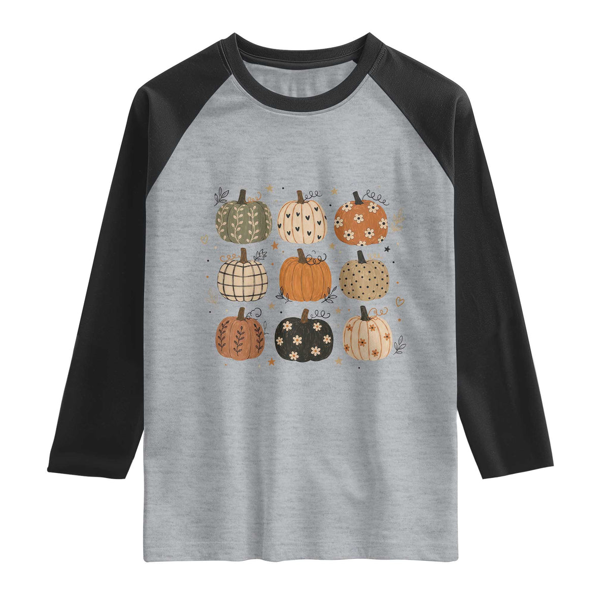 Aesthetic Boho Earthy Pumpkins Grid Raglan Shirt Cute Fall Season Autumn Thanksgiving