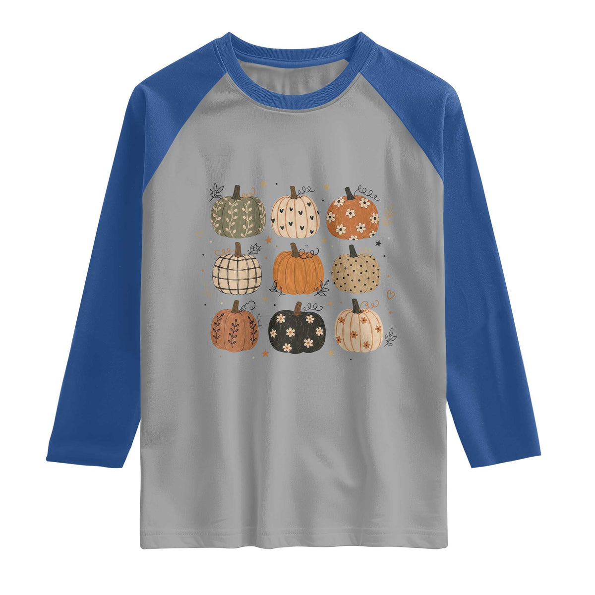 Aesthetic Boho Earthy Pumpkins Grid Raglan Shirt Cute Fall Season Autumn Thanksgiving