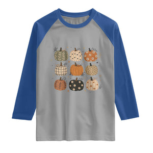 Aesthetic Boho Earthy Pumpkins Grid Raglan Shirt Cute Fall Season Autumn Thanksgiving