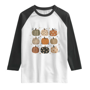 Aesthetic Boho Earthy Pumpkins Grid Raglan Shirt Cute Fall Season Autumn Thanksgiving