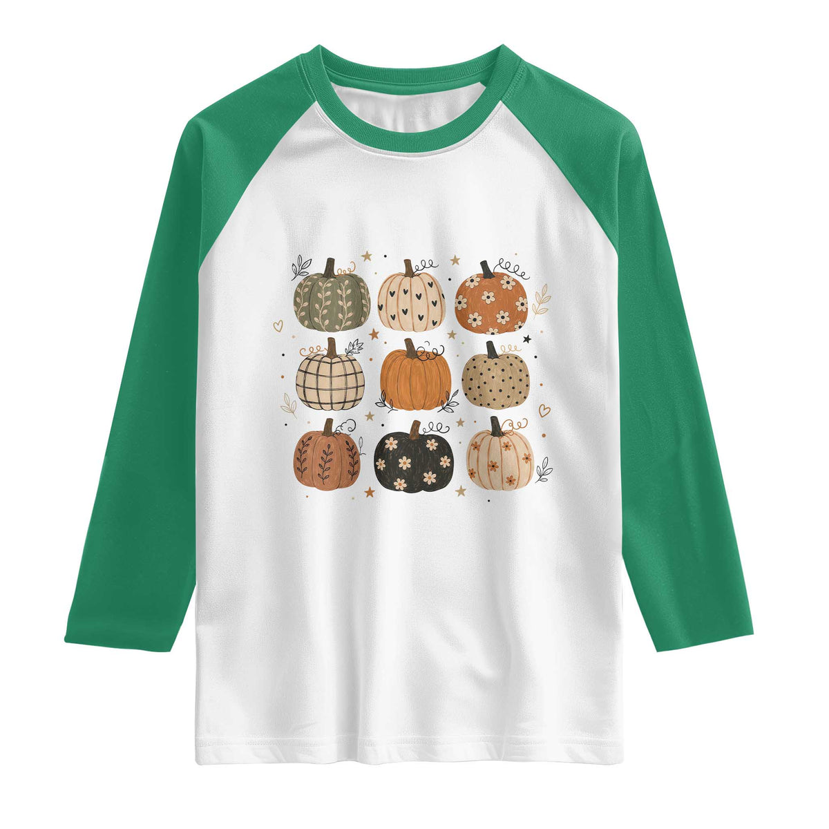 Aesthetic Boho Earthy Pumpkins Grid Raglan Shirt Cute Fall Season Autumn Thanksgiving