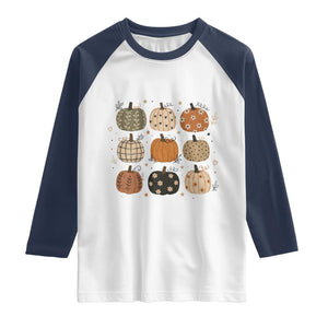 Aesthetic Boho Earthy Pumpkins Grid Raglan Shirt Cute Fall Season Autumn Thanksgiving