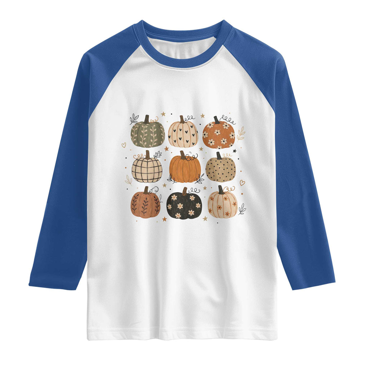 Aesthetic Boho Earthy Pumpkins Grid Raglan Shirt Cute Fall Season Autumn Thanksgiving