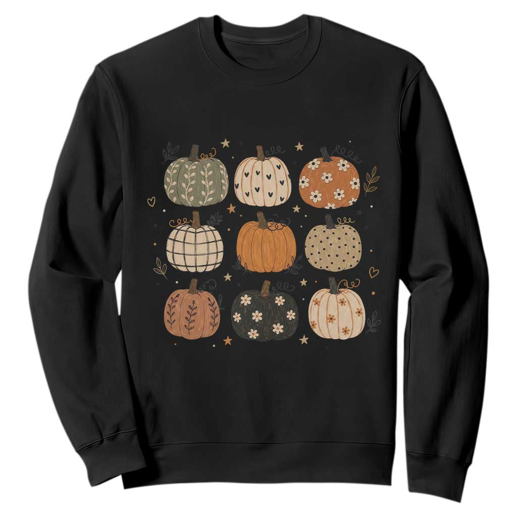 Aesthetic Boho Earthy Pumpkins Grid Sweatshirt Cute Fall Season Autumn Thanksgiving