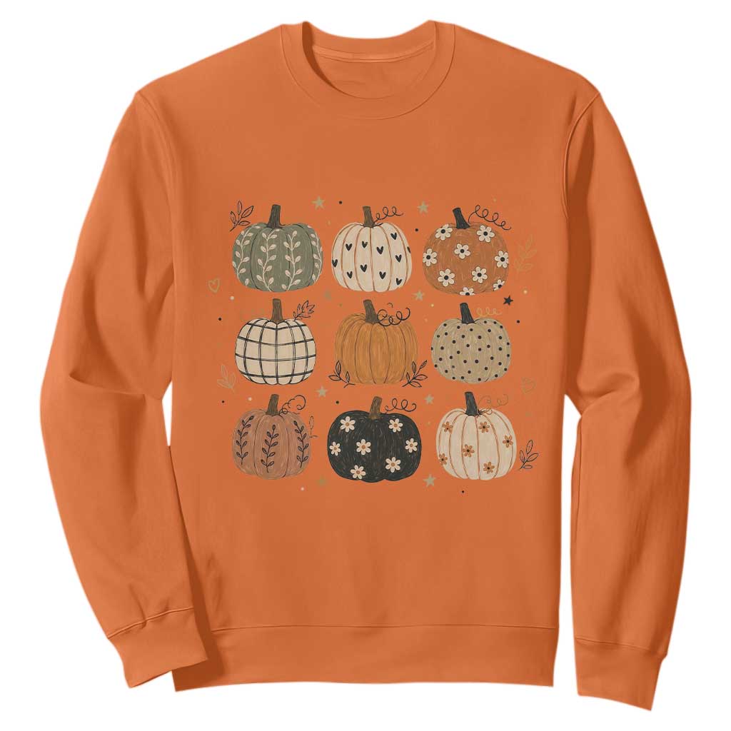 Aesthetic Boho Earthy Pumpkins Grid Sweatshirt Cute Fall Season Autumn Thanksgiving