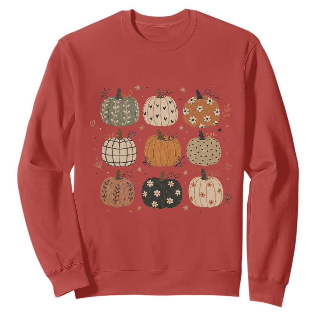 Aesthetic Boho Earthy Pumpkins Grid Sweatshirt Cute Fall Season Autumn Thanksgiving