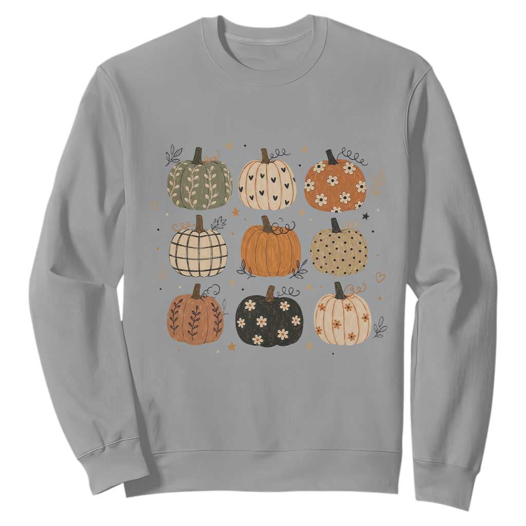 Aesthetic Boho Earthy Pumpkins Grid Sweatshirt Cute Fall Season Autumn Thanksgiving